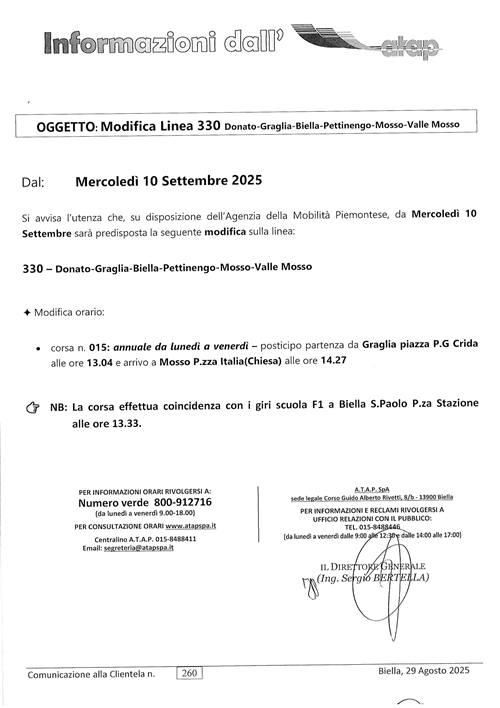 Avviso ATAP - Modifica Linea 330